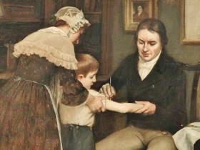 Ilustración: Dr. Edward Jenner inoculando a James Phipps